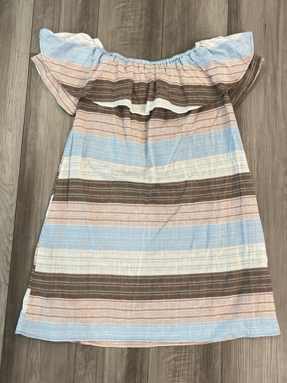 Off-Shoulder Striped Dress in Blue, Brown & Cream